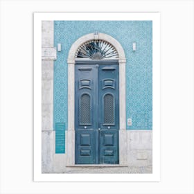 The blue door nr. 9 in Lisbon, Portugal - vintage and retro door and azulejos travel photography by Christa Stroo Art Print