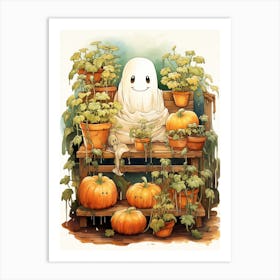 Cute Bedsheet Ghost, Botanical Halloween Watercolour 65 Art Print