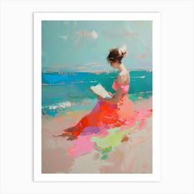 Reading book on a beach Painting Art Print