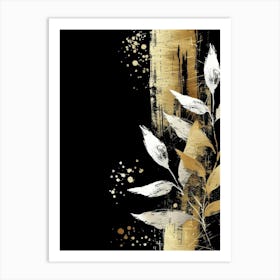 Gold Leaves On Black Background 9 Art Print