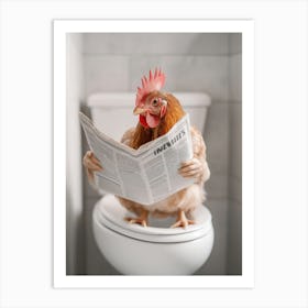 A Chicken Sitting On A Toilet Reading A Newspaper In A Funny Photograph Art Print