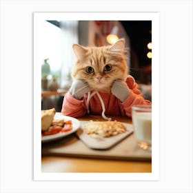 Cat Eats Breakfast Art Print