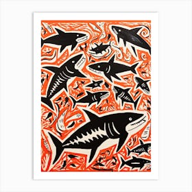 Shark, Woodblock Animal  Drawing 3 Art Print