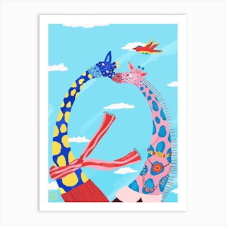 Giraffe Couple And Blue Sky Art Print