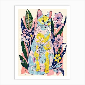 Cute Egyptian Mau Cat With Flowers Illustration 3 Art Print