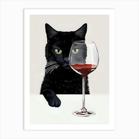 Black Cat With Wine Glass Art Print