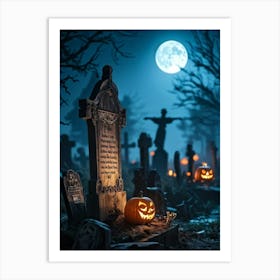 A Wooden Signboard Bathed In An Eerie Glow From A Full Moon Looming Ominously Above A Desolate Cem (1) Art Print