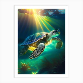 Sea Turtle In Deep Ocean, Sea Turtle Monet Inspired 1 Art Print