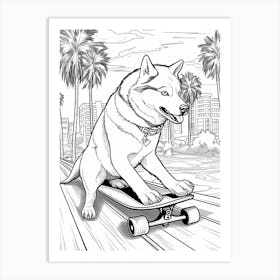 Siberian Husky Dog Skateboarding Line Art 3 Art Print