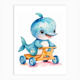 Baby Dolphin On Toy Car, Watercolour Nursery 1 Art Print