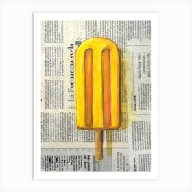 Yellow Popsicle On Newspaper Ice Cream Sweets Colorful Dessert Food Minimalism Art Print