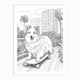 Shetland Sheepdog (Sheltie) Dog Skateboarding Line Art 4 Art Print
