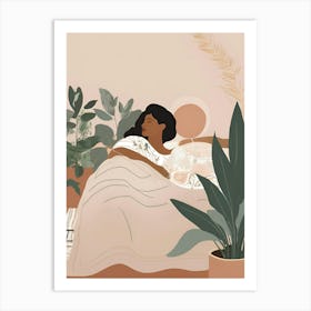 Woman Sleeping In Bed With Plants Art Print