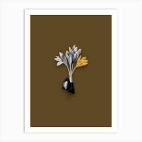 Vintage Autumn Crocus Black and White Gold Leaf Floral Art on Coffee Brown n.1087 Art Print
