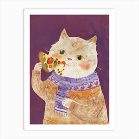 Brown Cat Pizza Lover Folk Illustration 1 Art Print