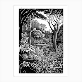 The Royal Botanic Garden, Cranbourne, Australia Linocut Black And White Vintage Art Print