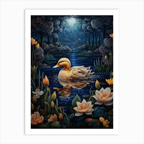 Floral Ornamental Ducklings At Night 3 Art Print