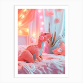Pink Plushie Dinosaur Listening To Music In Bed Art Print