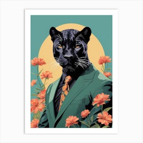 Floral Black Panther Portrait In A Suit (22) Art Print