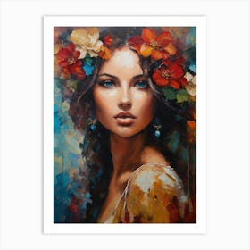 Beautiful Woman With Flowers In Her Hair Art Print