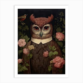 Owl Portrait With Rustic Flowers 0 Art Print