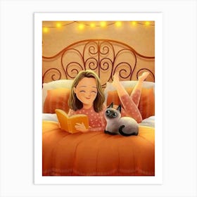 Girl Reading In Bed With Cat Affiche