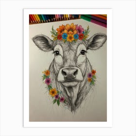 Cow With Flowers 1 Art Print