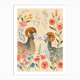 Folksy Floral Animal Drawing Ram 4 Art Print
