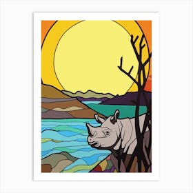 Simple Rhino Line Illustration By The River 4 Art Print