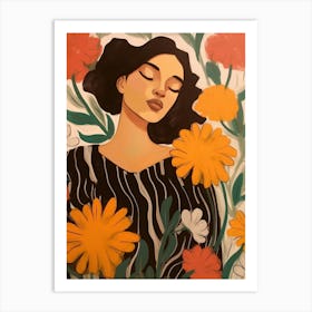 Woman With Autumnal Flowers Marigold 2 Art Print