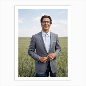 Businessman Smartly Dressed In A Grey Suit With Crisp Button Down Shirt And Jeans Stands Confident (2) Art Print