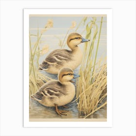 Japanese Woodblock Style Duckling Family 3 Art Print