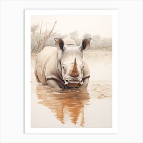 Vintage Illustration Of A Rhino In The Lake  1 Art Print