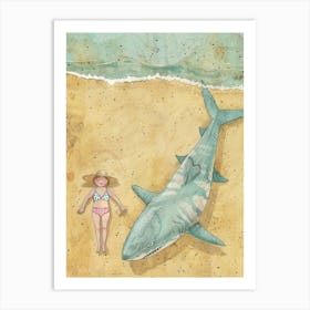 Shark Sunbathing On The Beach With A Human Illustration Art Print