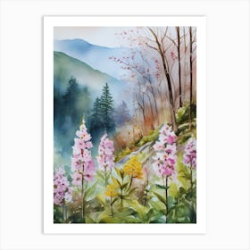 Smoky Mountains Painting, Spring Flowers, Watercolor Art, Appalachian Mountain Landscape Wall Art, Mountain Forest Print..179 Art Print