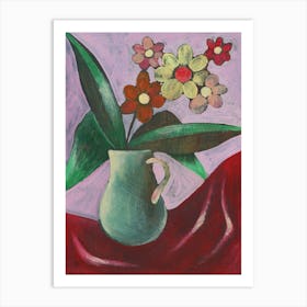 Floral On A Red Cloth - figurative red pink green flowers vertical painting Anton Maliar living room bedroom Art Print