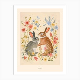 Folksy Floral Animal Drawing Rabbit Poster Art Print