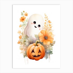 Cute Ghost With Pumpkins Halloween Watercolour 33 Art Print