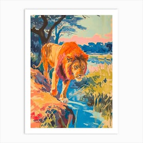 Asiatic Lion Hunting In The Savannah Fauvist Painting 3 Art Print