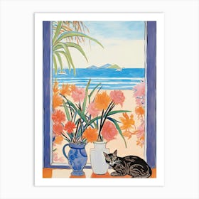Cat With Birth Of Paradise Flowers Watercolor Mothers Day Valentines 3 Art Print