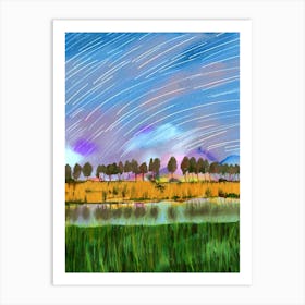 Rural scene with star trails landscape watercolor painting Art Print