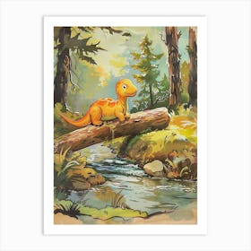 Storybook Style Dinosaur Crossing The River With A Log Painting 3 Art Print