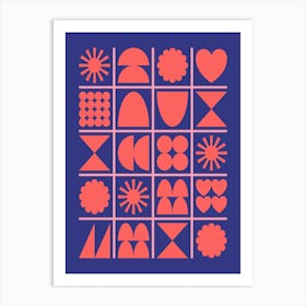 Fun Geometric Shapes and Grids in Red and Blue Art Print