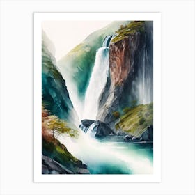 Nærøyfjord Waterfalls, Norway Water Colour  (1) Art Print