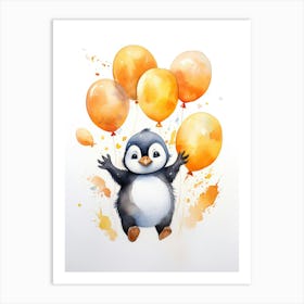 Penguin Flying With Autumn Fall Pumpkins And Balloons Watercolour Nursery 4 Art Print