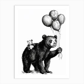 Malayan Sun Bear Holding Balloons Ink Illustration 2 Art Print