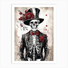 Floral Skeleton With Hat Ink Painting (31) Art Print