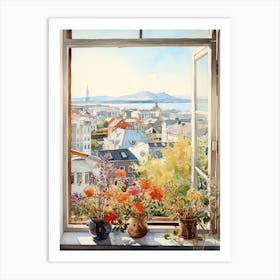 Window View Of Reykjavik Iceland In Autumn Fall, Watercolour 4 Art Print