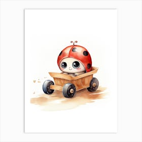 Baby Ladybug On A Toy Car, Watercolour Nursery 1 Art Print