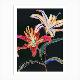 Neon Flowers On Black Lily 4 Art Print